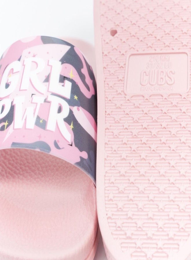 CUBS Girl Power Print Everyday Wear eco-friendly PVC Slides for Girls, Lightweight, Easy to Wash and Anti-Slip Soles - Image 1