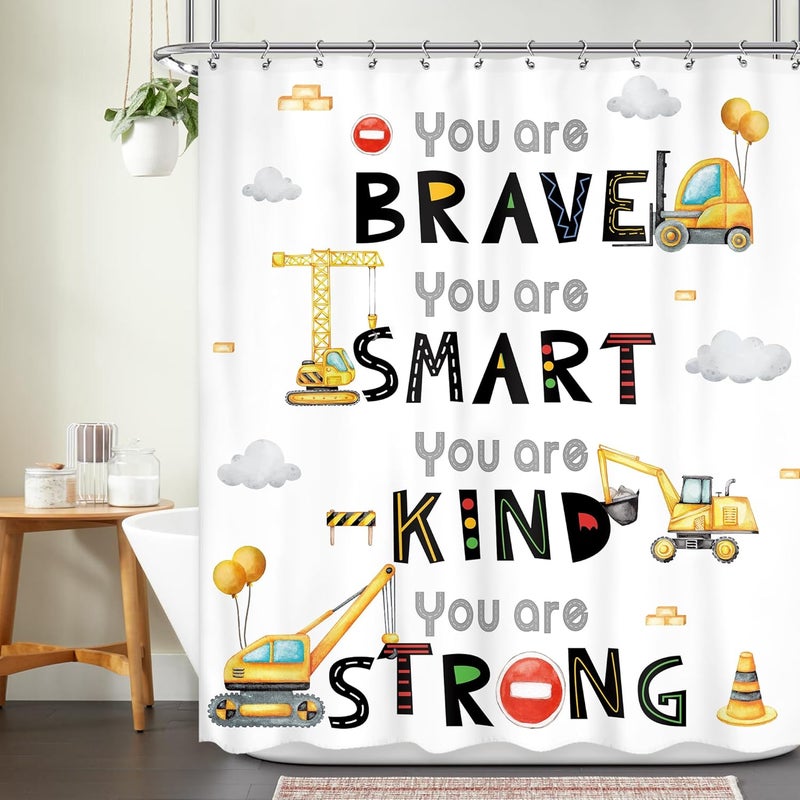 Ufeela Kids Construction Shower Curtain 60Wx72L Inch Boys Cartoon Truck Tractor Cute Inspirational Quote You Are Shower Curtain Bathroom Set Toddler Nursery Bath Curtain Bathtub Accessories Home Decor - Image 1
