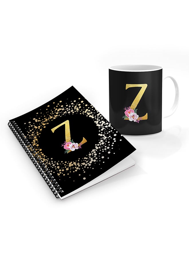 Stylizedd Printed Coffee Mug + A5 Spiral Notebook Memo Personalised Combo Gift Set Custom Monogram Initial Letter Floral Pattern Alphabet -  Z (Black)