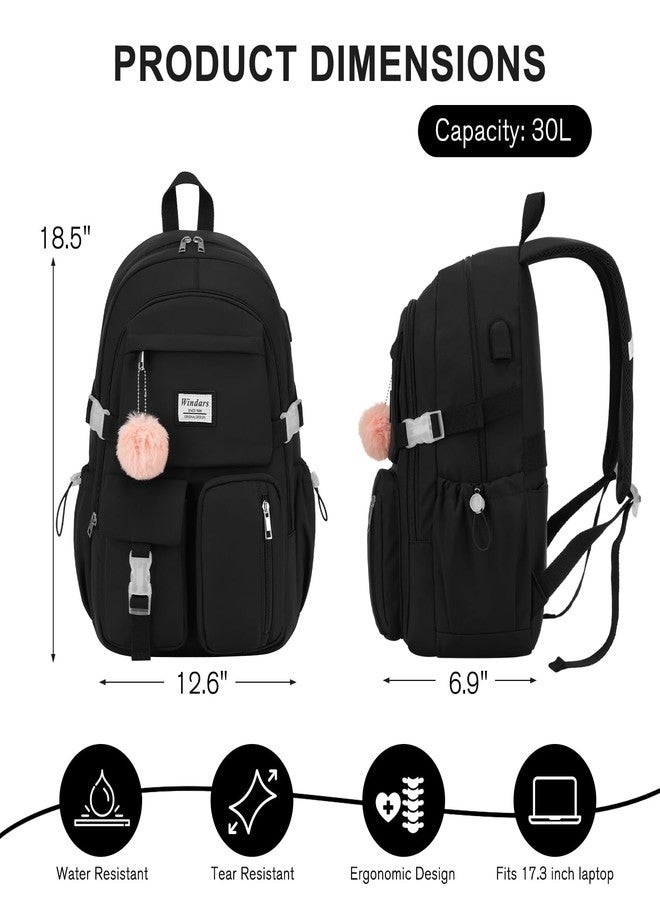 WINDARS Backpack for Teen Girls, Laptop Backpack Cute Kids Bookbag for Middle School College Students Large School Bag, Black, 17.3 inch - Image 3