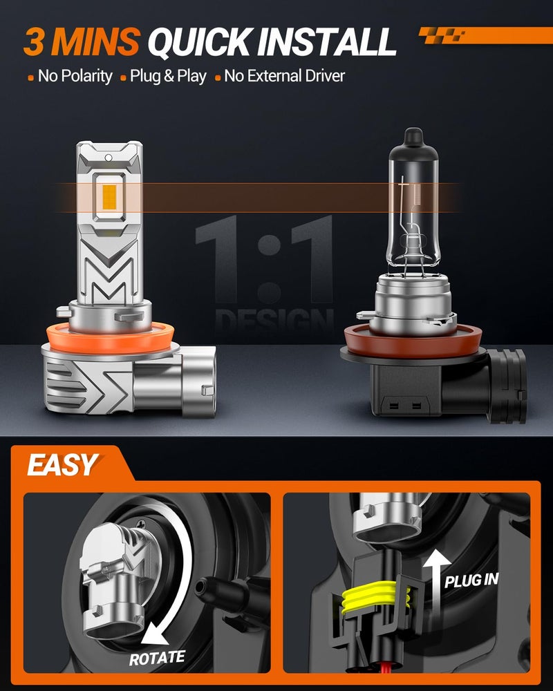 SEALIGHT H8/H16/H11 LED Fog Light Bulb Yellow, 17,000 Lumens 3500K Golden Yellow H11 LED Bulb, 800% Brightness, CSP Chips H8 Fog Lights for Car, Clearance Light Marker Light, Play and Plug (Pack of 2) - Image 5