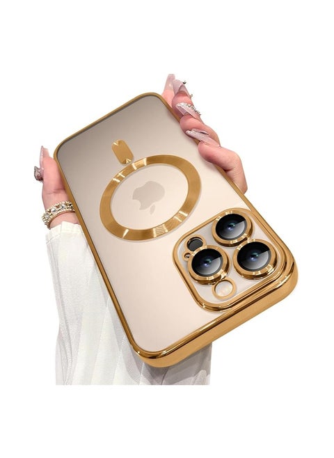 Magnetic Case Made for iPhone 16 Pro Max Built-in Camera Lens Protector Compatible with MagSafe Soft TPU Anti-Scratch Shockproof Protective Slim Clear Case for Women Men - Gold