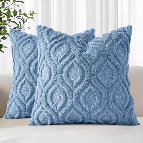 decorUhome Throw Pillow Covers 18x18 Inch Set of 2 Soft Plush Faux Wool Blue Solid Couch Pillow Covers Accent Farmhouse Neutral Square Pillow Cases for Sofa Bed Living Room - Image 1