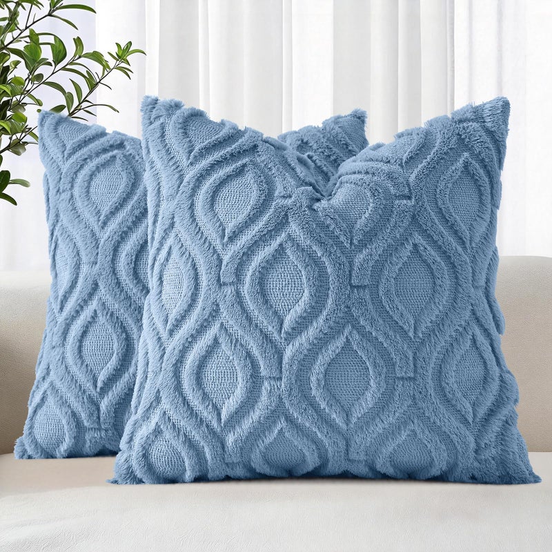 decorUhome Throw Pillow Covers 18x18 Inch Set of 2 Soft Plush Faux Wool Blue Solid Couch Pillow Covers Accent Farmhouse Neutral Square Pillow Cases for Sofa Bed Living Room - Image 2