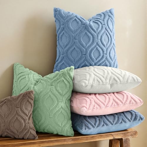 decorUhome Throw Pillow Covers 18x18 Inch Set of 2 Soft Plush Faux Wool Blue Solid Couch Pillow Covers Accent Farmhouse Neutral Square Pillow Cases for Sofa Bed Living Room - Image 3