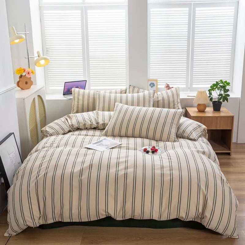 Mucalis Beige Duvet Cover King with Green Striped 100 Washed Cotton Duvet Cover Set Modern 3 Piece Stripe Pattern Bedding Set with Zipper Closure Corner TiesDurableBreathableEasy Care