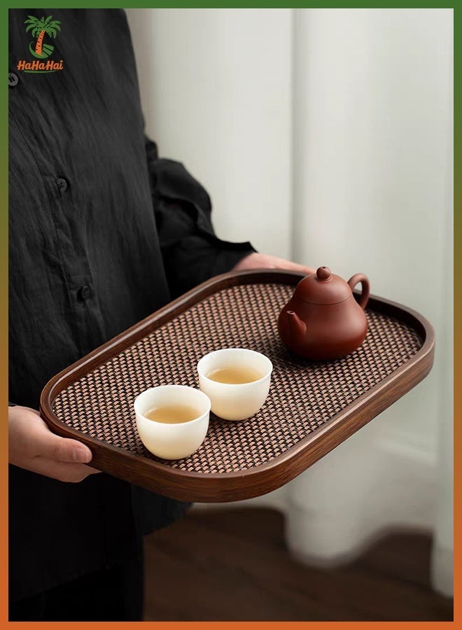 HaHaHai Set of 2 Wooden Serving Trays with Woven Placemats, Bamboo Food and Tea Trays for Coffee Table, Breakfast, Kitchen, Restaurant, Decorative Storage Tray (33x22cm, 40x29cm) - Image 5