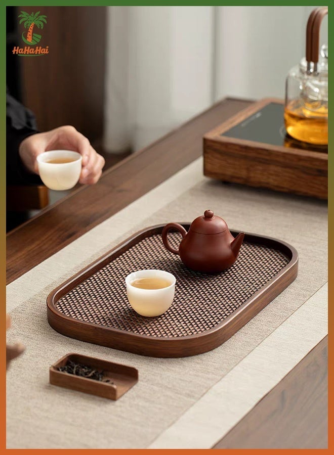 HaHaHai Set of 2 Wooden Serving Trays with Woven Placemats, Bamboo Food and Tea Trays for Coffee Table, Breakfast, Kitchen, Restaurant, Decorative Storage Tray (33x22cm, 40x29cm) - Image 2
