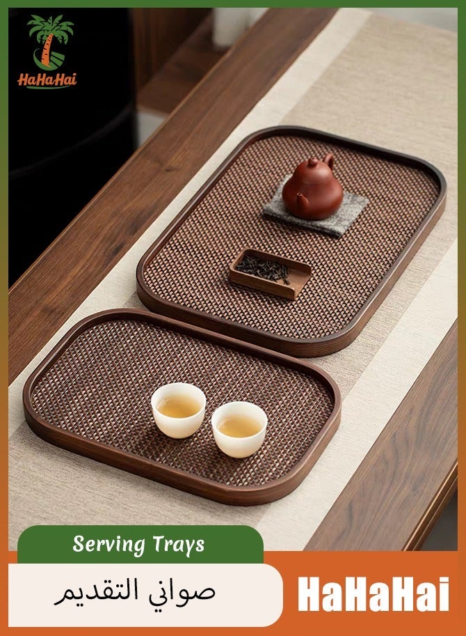 HaHaHai Set of 2 Wooden Serving Trays with Woven Placemats, Bamboo Food and Tea Trays for Coffee Table, Breakfast, Kitchen, Restaurant, Decorative Storage Tray (33x22cm, 40x29cm) - Image 1