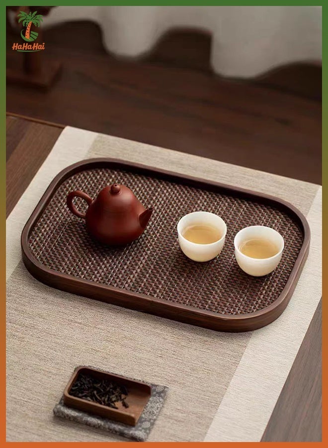 HaHaHai Set of 2 Wooden Serving Trays with Woven Placemats, Bamboo Food and Tea Trays for Coffee Table, Breakfast, Kitchen, Restaurant, Decorative Storage Tray (33x22cm, 40x29cm) - Image 4
