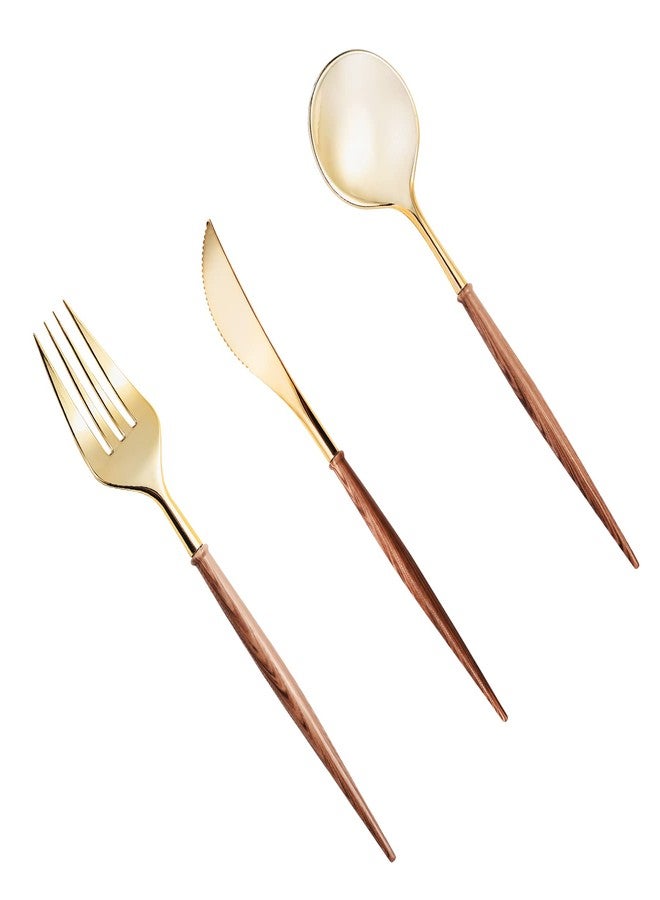 Lullaby 120PCS Gold Plastic Silverware, Gold Disposable Cutlery with Wood Grain Handle Include 40 Forks, 40 Spoons, 40 Knives, Elegant Disposable Silverware for Wedding, Party, Gathering, Daily Use - Image 1