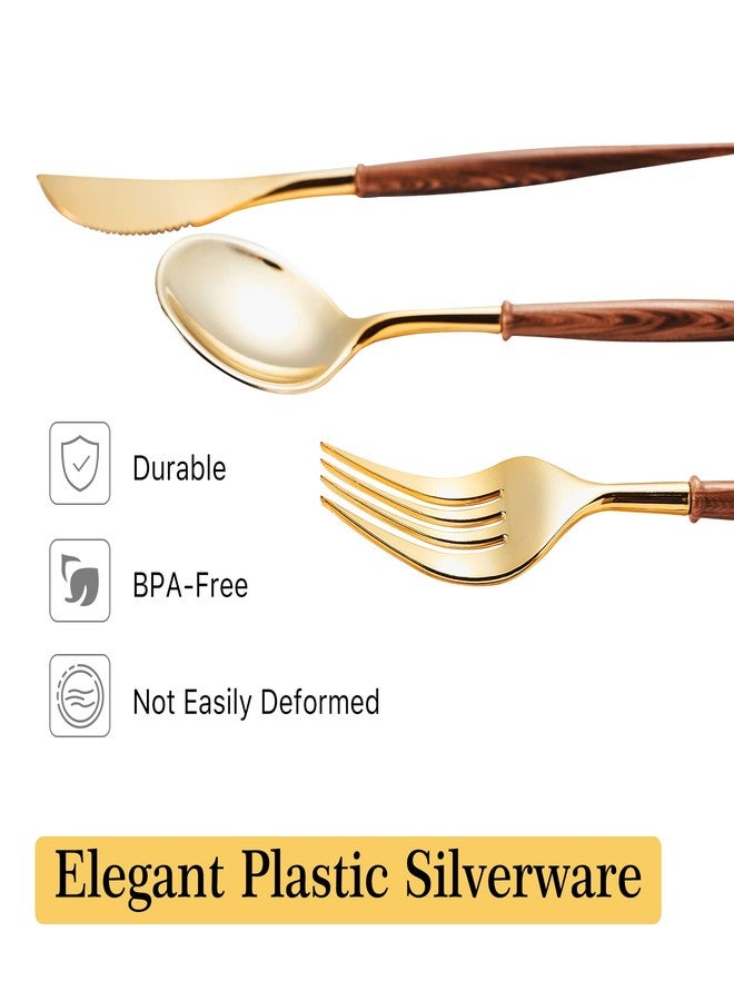 Lullaby 120PCS Gold Plastic Silverware, Gold Disposable Cutlery with Wood Grain Handle Include 40 Forks, 40 Spoons, 40 Knives, Elegant Disposable Silverware for Wedding, Party, Gathering, Daily Use - Image 3