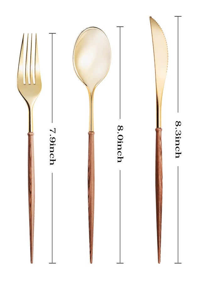 Lullaby 120PCS Gold Plastic Silverware, Gold Disposable Cutlery with Wood Grain Handle Include 40 Forks, 40 Spoons, 40 Knives, Elegant Disposable Silverware for Wedding, Party, Gathering, Daily Use - Image 2