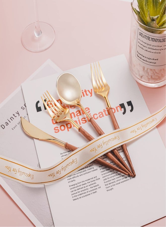 Lullaby 120PCS Gold Plastic Silverware, Gold Disposable Cutlery with Wood Grain Handle Include 40 Forks, 40 Spoons, 40 Knives, Elegant Disposable Silverware for Wedding, Party, Gathering, Daily Use - Image 5
