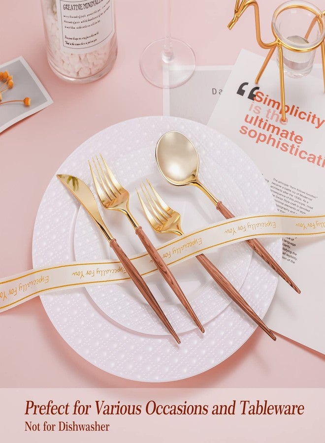 Lullaby 120PCS Gold Plastic Silverware, Gold Disposable Cutlery with Wood Grain Handle Include 40 Forks, 40 Spoons, 40 Knives, Elegant Disposable Silverware for Wedding, Party, Gathering, Daily Use - Image 4