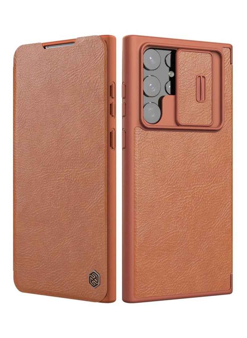 Nillkin Nillkin for Samsung Galaxy S22 Ultra Case with Camera Cover and Card Holder, QIN Pro Leather Case with Flip Cover and Slide Camera Protection, Durable Shockproof Cover - Brown  - Image 1