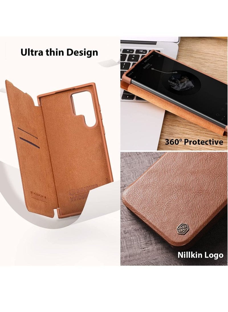 Nillkin Nillkin for Samsung Galaxy S22 Ultra Case with Camera Cover and Card Holder, QIN Pro Leather Case with Flip Cover and Slide Camera Protection, Durable Shockproof Cover - Brown  - Image 2
