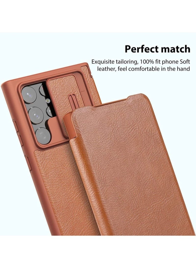 Nillkin Nillkin for Samsung Galaxy S22 Ultra Case with Camera Cover and Card Holder, QIN Pro Leather Case with Flip Cover and Slide Camera Protection, Durable Shockproof Cover - Brown  - Image 3