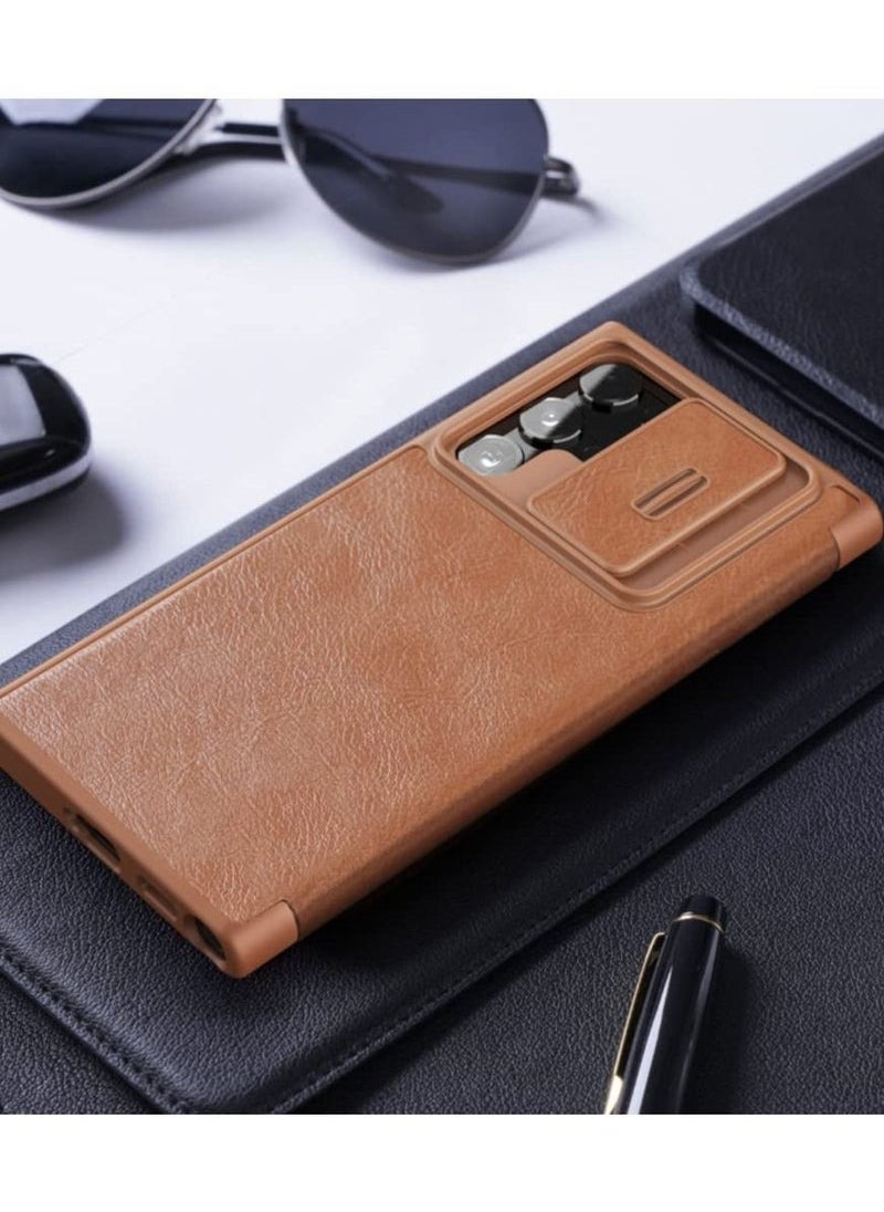 Nillkin Nillkin for Samsung Galaxy S22 Ultra Case with Camera Cover and Card Holder, QIN Pro Leather Case with Flip Cover and Slide Camera Protection, Durable Shockproof Cover - Brown  - Image 4