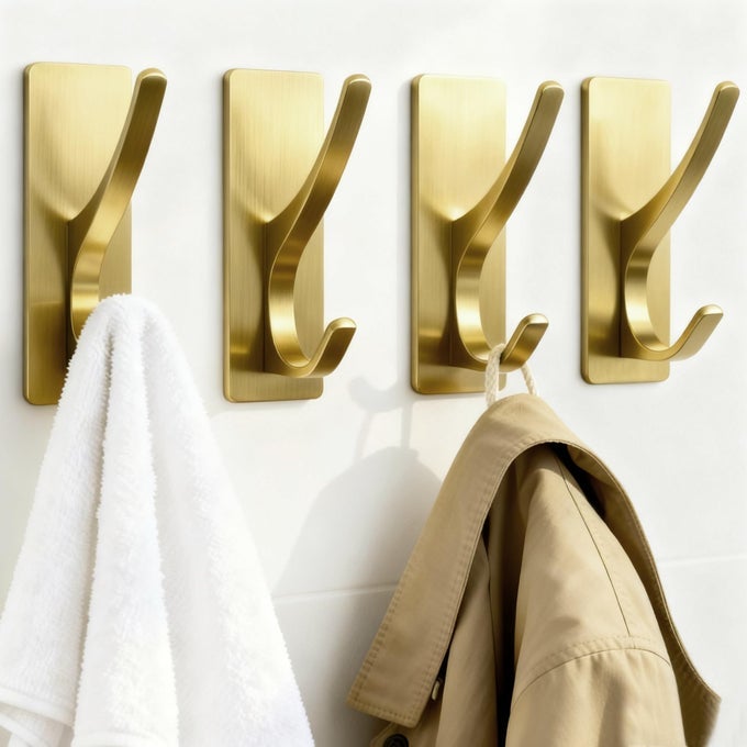 SELF ADHESIVE COAT HOOKS FOR HANGING HEAVY DUTY STAINLESS WALL HOOK FOR TOWEL UTENSIL BACKPACK HAT STURDY METAL HANGER FOR BATHROOM KITCHEN DOOR 4PACK BRUSHED GOLD