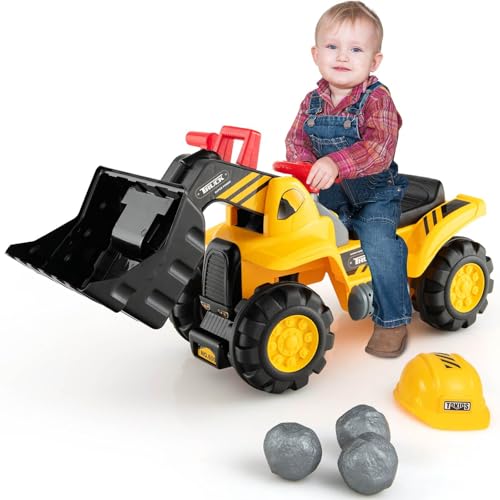 OLAKIDS Kids Ride On Excavator Toddler Sliding Walking Construction Push Racer with Adjustable Bucket Underneath Storage Digger Scooper Pulling Cart Bulldozer Toy with Sound Helmet 3 Toy Stones - Image 1