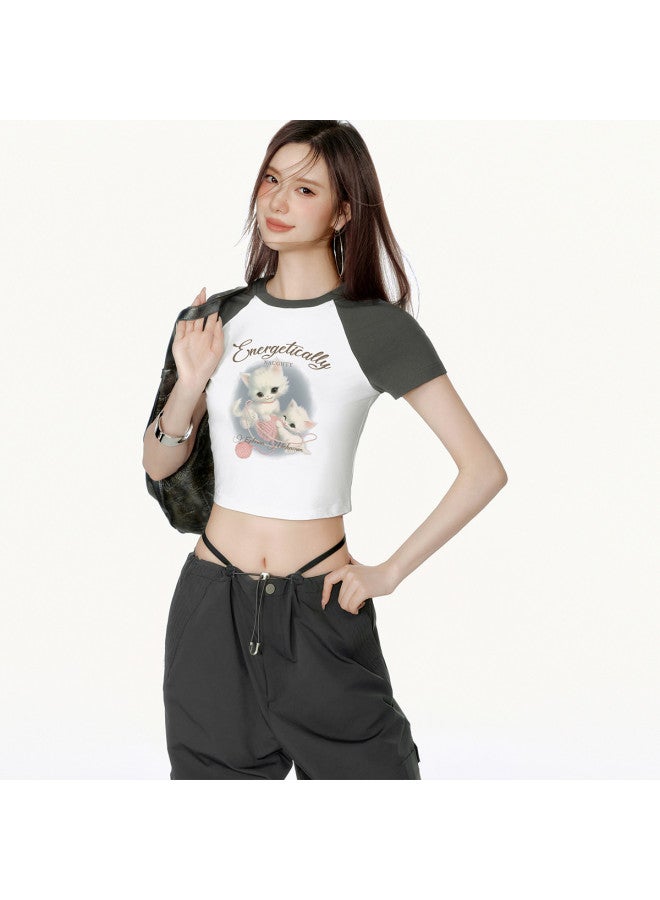 EPTISON Women's Short Sleeve T-shirt - Summer Retro Print Tee, Color Block Raglan Slim Fit Sweet & Spicy Crop Top - Image 2