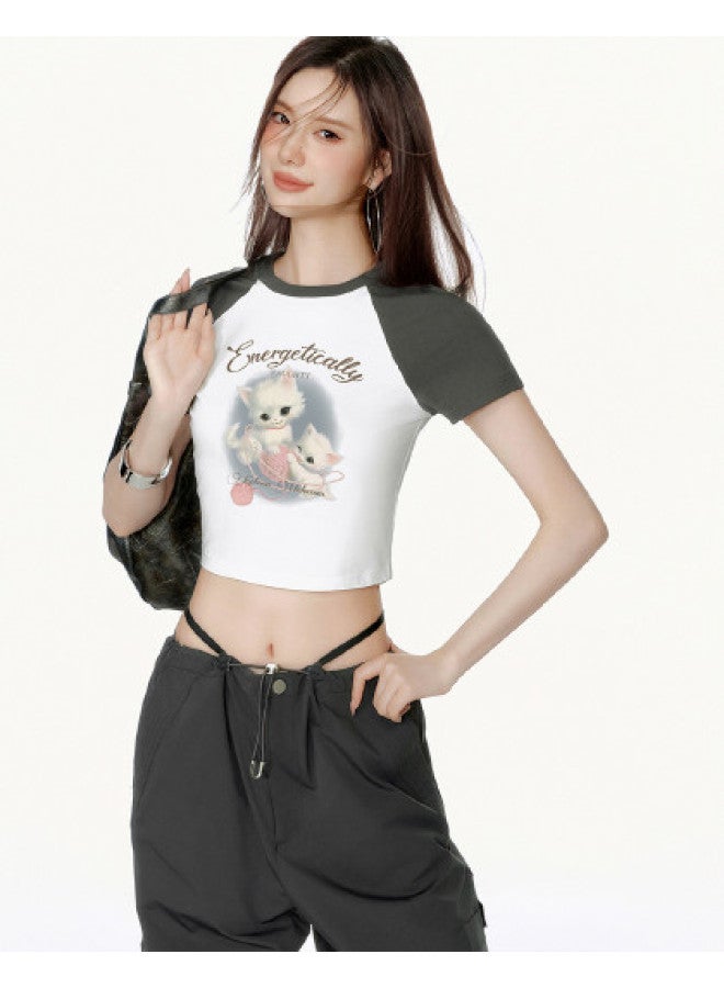 EPTISON Women's Short Sleeve T-shirt - Summer Retro Print Tee, Color Block Raglan Slim Fit Sweet & Spicy Crop Top - Image 1