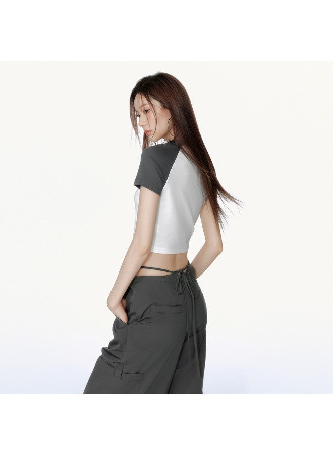 EPTISON Women's Short Sleeve T-shirt - Summer Retro Print Tee, Color Block Raglan Slim Fit Sweet & Spicy Crop Top - Image 5