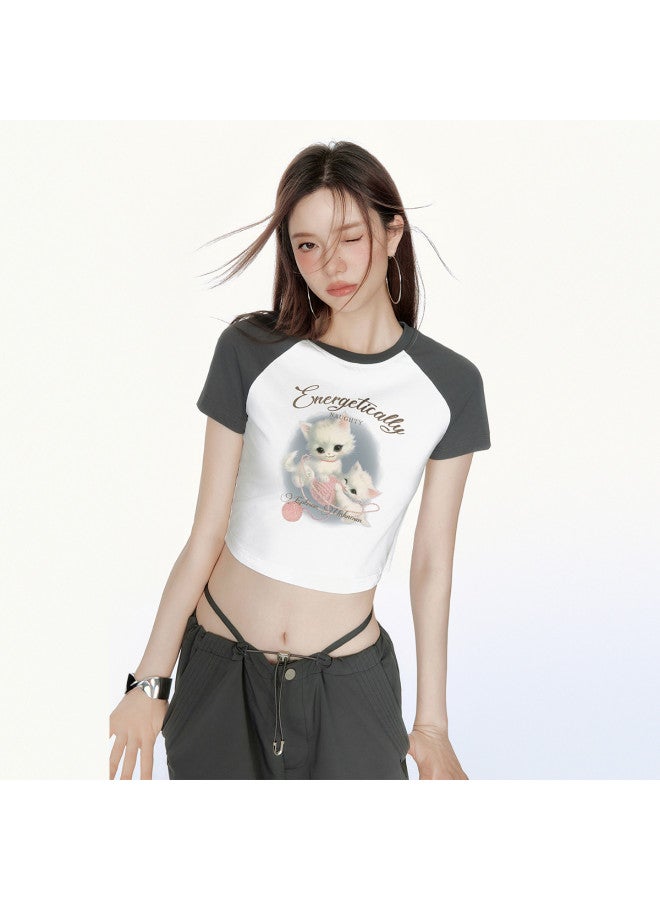 EPTISON Women's Short Sleeve T-shirt - Summer Retro Print Tee, Color Block Raglan Slim Fit Sweet & Spicy Crop Top - Image 3
