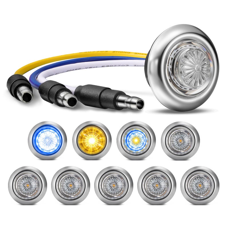 Partsam 10Pcs 3/4 Inch Blue to Amber Led Side Marker Lights with Trim Ring Bezel, Clear Lens Clearance Auxiliary Bullet Lights Indicator Penny Light for Trailer Truck RV Bus Waterproof - Image 1