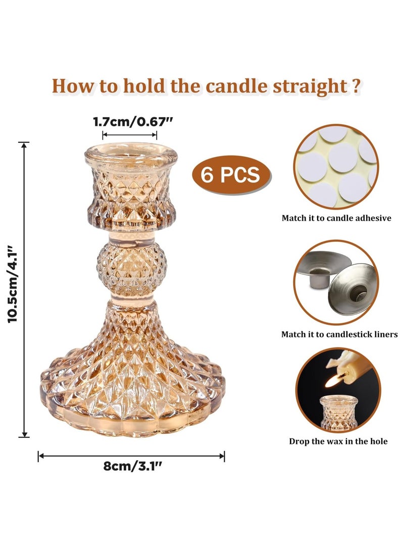 هوم زون مجموعة حوامل شموع زجاجية من 6 قطع حوامل شموع مدببة من الماس بلون ذهبي فاتح لتزيين الطاولة وديكور المنزل والزفاف والحفلات - Image 2