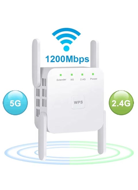 واي فاي موسع 2.4G / 5G ثنائي النطاق ، سرعة 1200 ميجابت في الثانية مع منفذ إيثرنت (أبيض)