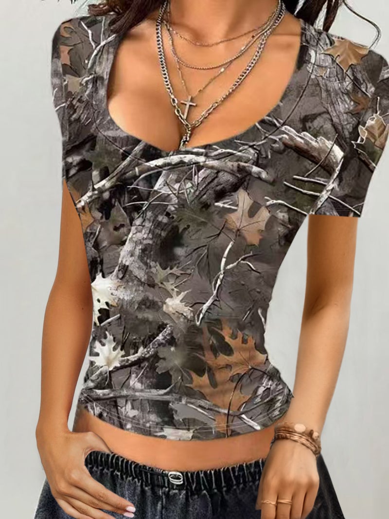 2025 Women'S Clothing New Retro Camouflage Branch Pattern Minimalist Casual U-Collar Short-Sleeved T-Shirt - Image 1