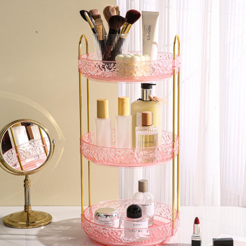 Fangoo 3 Tiers Pink Rotating Makeup Organizer for Vanity, 360 Spinning Skincare Organizers for Dresser Perfume Organizer Large Skincare Make Up Storage Cosmetic Organizer for Bathroom Countertop - Image 1