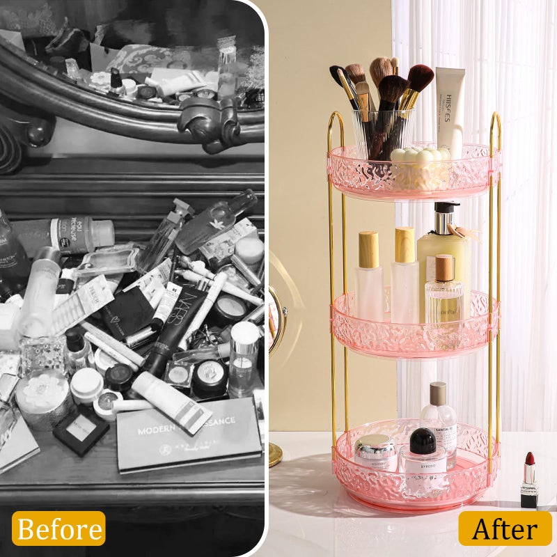 Fangoo 3 Tiers Pink Rotating Makeup Organizer for Vanity, 360 Spinning Skincare Organizers for Dresser Perfume Organizer Large Skincare Make Up Storage Cosmetic Organizer for Bathroom Countertop - Image 4