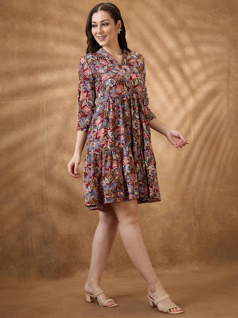 globus Globus Women Multi Color Floral Print V-Neck Tiered A-Line Mini Fusion Dress