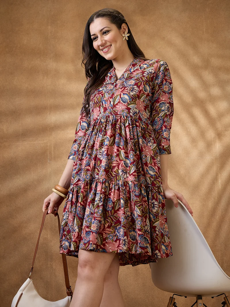 globus Globus Women Multi Color Floral Print V-Neck Tiered A-Line Mini Fusion Dress