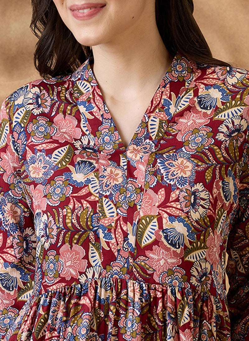 Globus Women Multi Color Floral Print V-Neck Tiered A-Line Mini Fusion Dress - Image 5