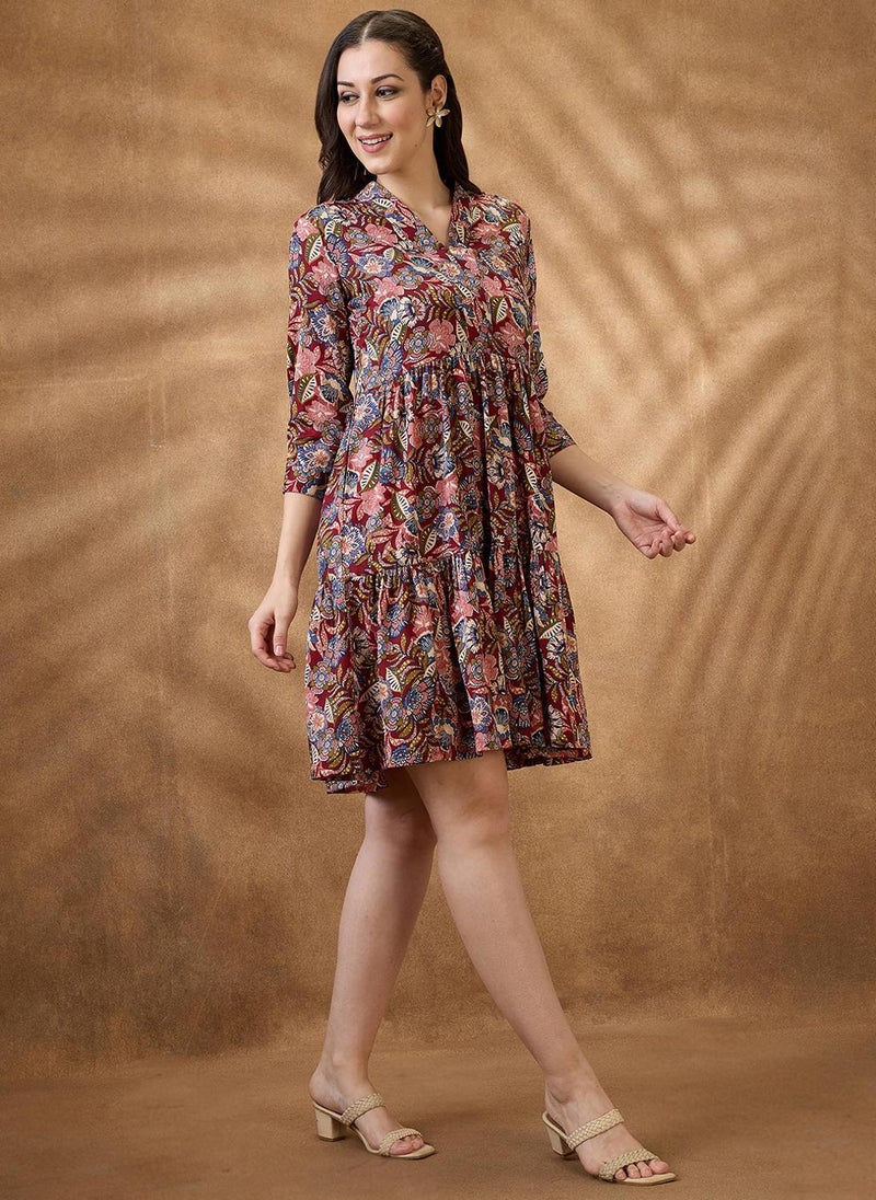 Globus Women Multi Color Floral Print V-Neck Tiered A-Line Mini Fusion Dress - Image 3
