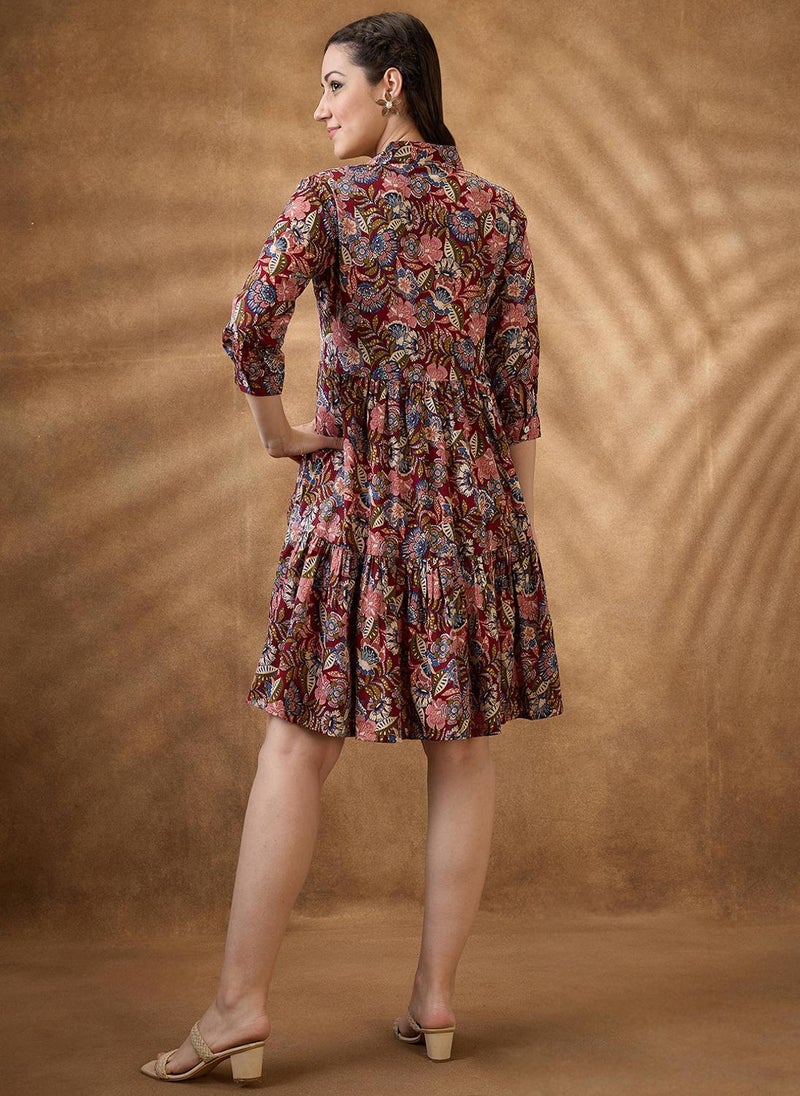 Globus Women Multi Color Floral Print V-Neck Tiered A-Line Mini Fusion Dress - Image 4