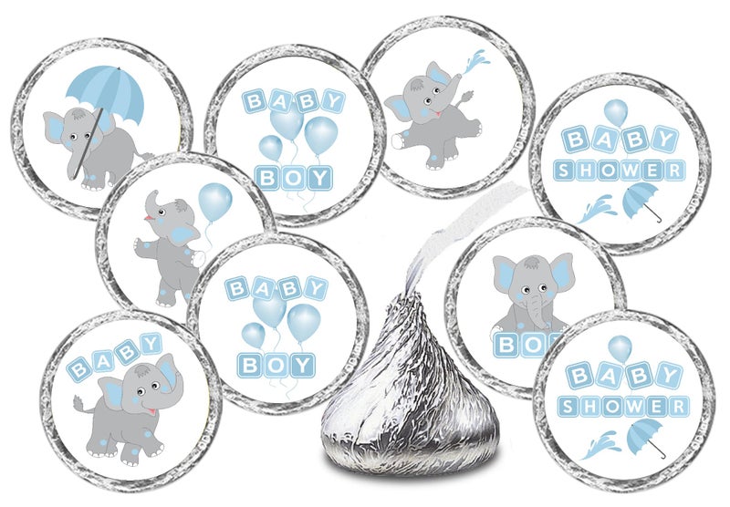 RokAPary 324 Elephants Blue Boy Baby Shower Favors Stickers for Baby Shower Or Sprinkle Party Decorations, Blue Favors, Labels, Its a Boy Kisses. Candy not Included. Made in USA - Image 1