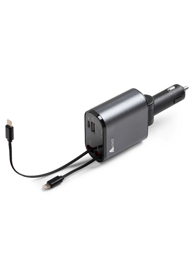 شاحن سيارة سريع 4 في 1 مع سلكين مدمجين قابلين للسحب وقاعدة دوارة 180 درجة ومنفذين USB وشاشة رقمية لعرض الجهد يمنحك تجربة شحن منظمة وفائقة القوة بذكاء تام - Image 2