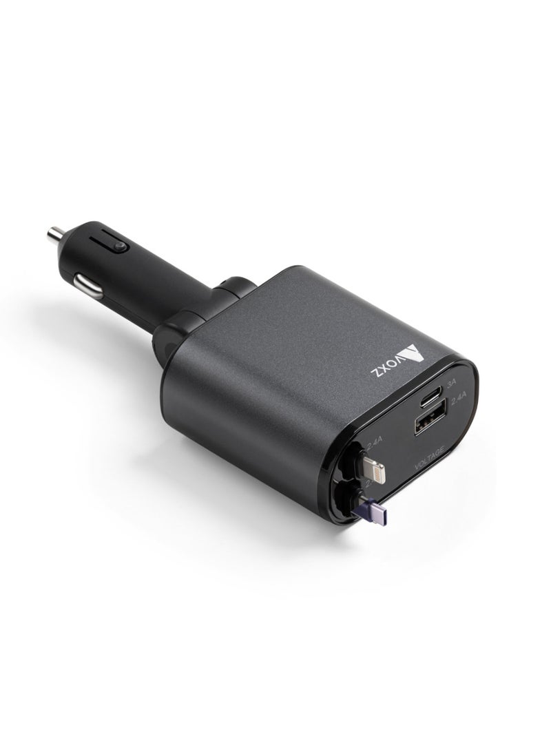 شاحن سيارة سريع 4 في 1 مع سلكين مدمجين قابلين للسحب وقاعدة دوارة 180 درجة ومنفذين USB وشاشة رقمية لعرض الجهد يمنحك تجربة شحن منظمة وفائقة القوة بذكاء تام - Image 1