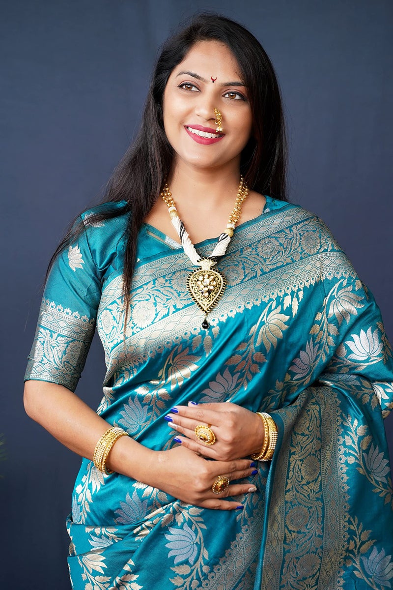 AMIRAT Women's Banarasi Silk Saree With Woven Zari Design With Blouse (Teal) - Image 2