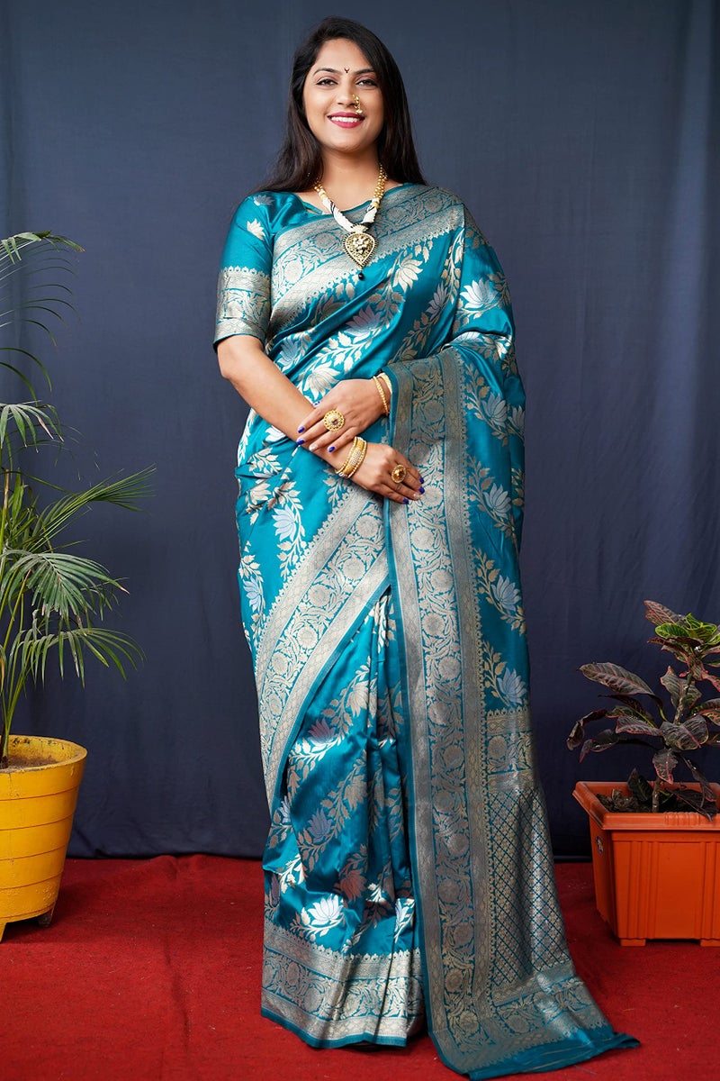 AMIRAT Women's Banarasi Silk Saree With Woven Zari Design With Blouse (Teal) - Image 3