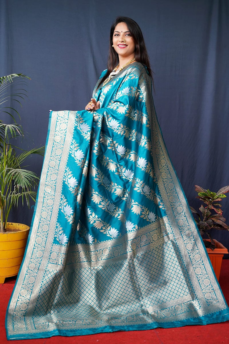 AMIRAT Women's Banarasi Silk Saree With Woven Zari Design With Blouse (Teal) - Image 5
