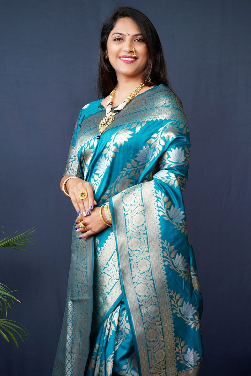 AMIRAT Women's Banarasi Silk Saree With Woven Zari Design With Blouse (Teal) - Image 4