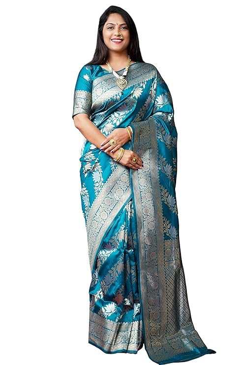 AMIRAT Women's Banarasi Silk Saree With Woven Zari Design With Blouse (Teal) - Image 1