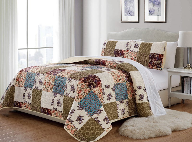 MK Home Mk 3pc King/California King Home Bedspread Quilted Print Floral Beige Burgundy Purple Blue Taupe Over Size New # Milano 62