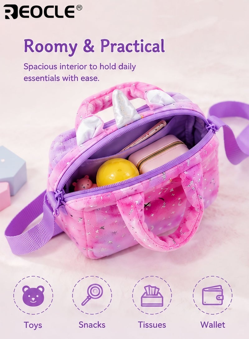 REOCLE Girl's Cartoon Unicorn Messenger or Hand-Held Bag Equipped with Adjustable Shoulder Straps and Hand Straps Easy Zipper Closure PP Cotton Filling Perfect for Birthday Presents - Image 3